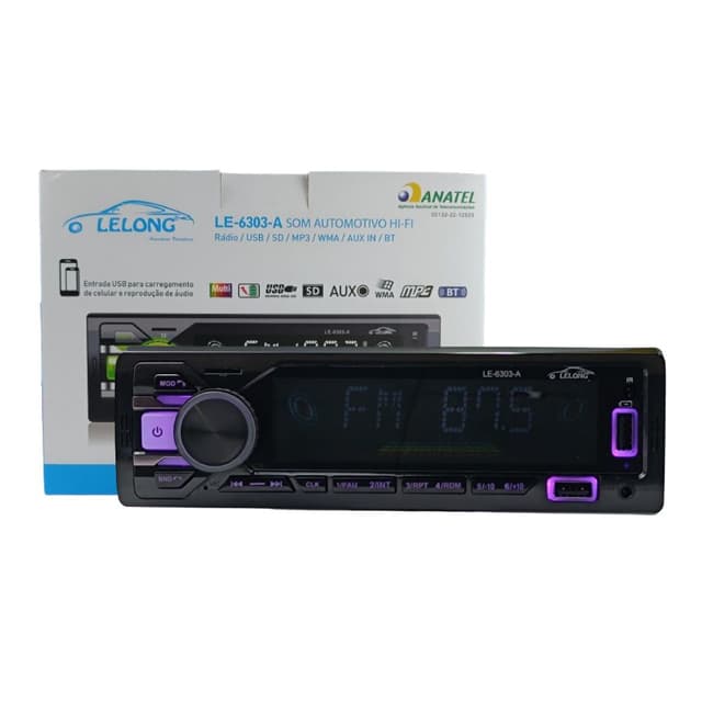 Radio lelong le6303a 4x65w 2 entrada usb/sd/bt/controle/7 cores